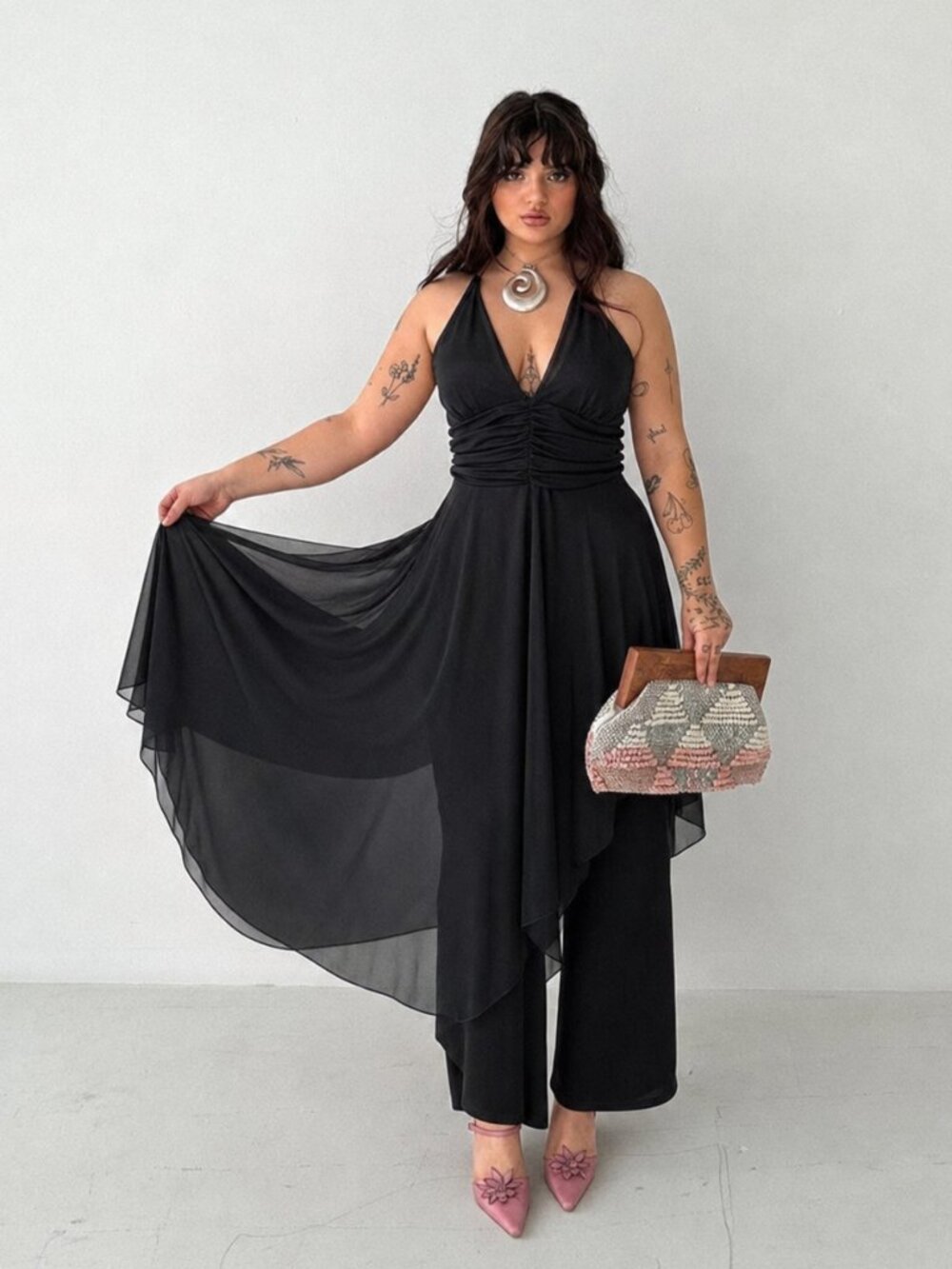 Y2K Black Halter Jumpsuit Size Medium Sheer Wide Leg (c10)
